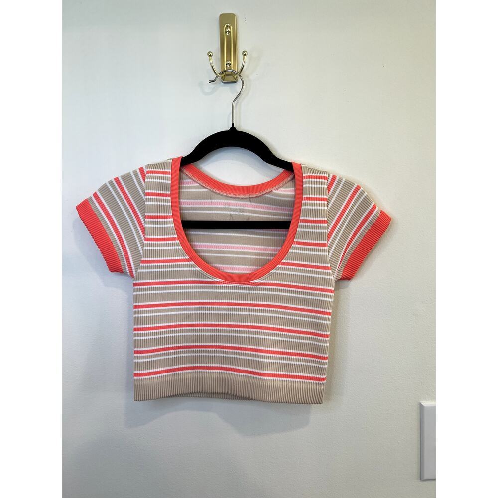 Offline by Aerie Seamless Ribbed Crop Top Neon Stripe Tan Pink XS/S